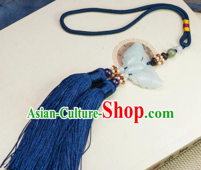 Chinese Traditional Jewelry Accessories Ancient Hanfu Blue Tassel Butterfly Jade Pendant for Women