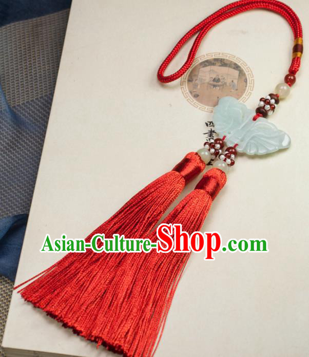Chinese Traditional Jewelry Accessories Ancient Hanfu Red Tassel Butterfly Jade Pendant for Women