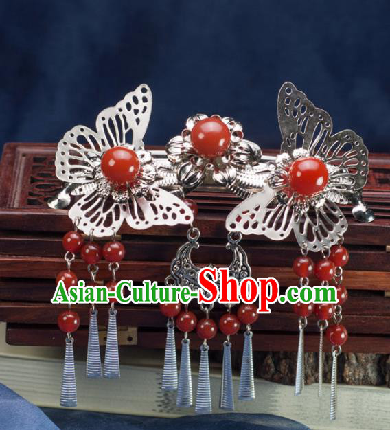 Chinese Traditional Hanfu Hair Accessories Ancient Red Agate Butterfly Hair Stick Tassel Hairpins for Women