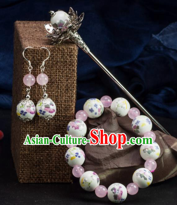 Chinese Traditional Hanfu Hair Accessories Ancient White Ceramics Hairpins and Bracelet Earrings for Women