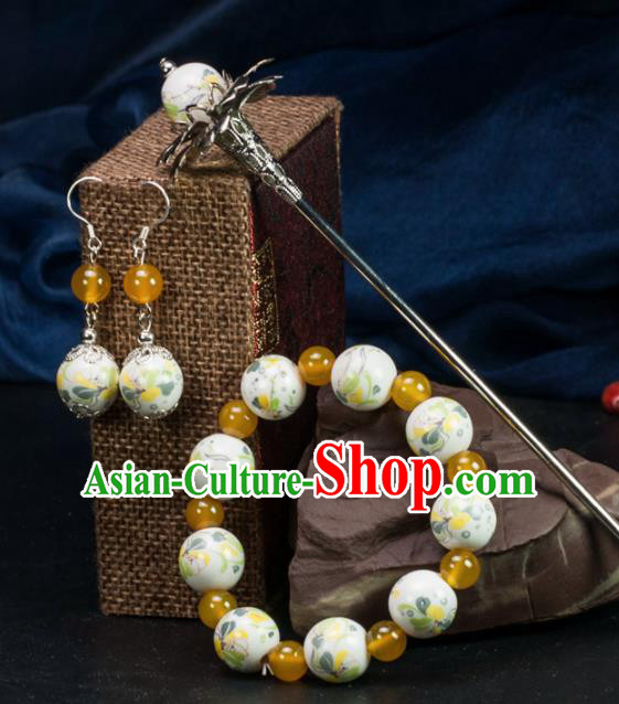 Chinese Traditional Hanfu Hair Accessories Ancient Yellow Beads Ceramics Hairpins and Bracelet Earrings for Women