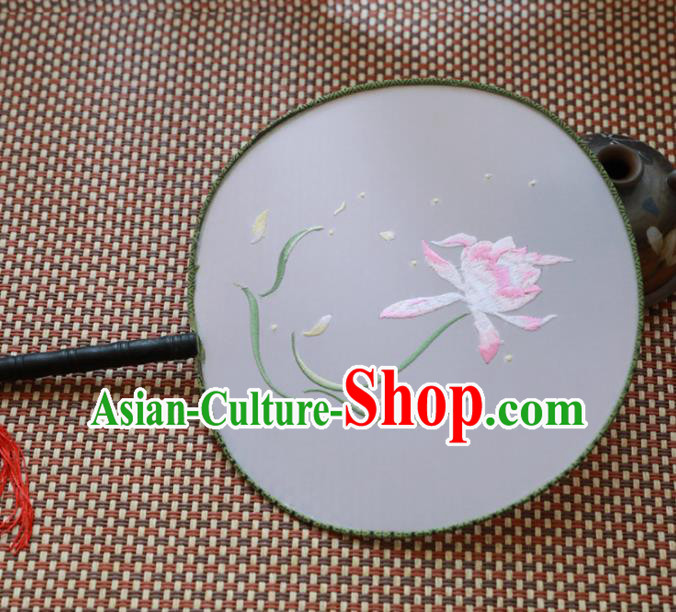 Chinese Traditional Hanfu Palace Fans Ancient Handmade Embroidered Lotus Round Fans for Women