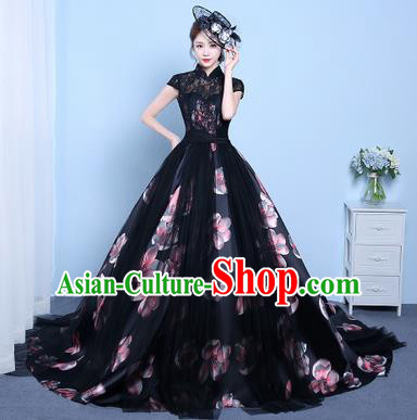 Top Performance Catwalks Costumes Wedding Dress Black Lace Trailing Full Dress for Women