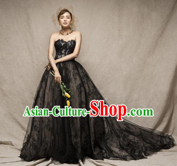 Top Performance Catwalks Costumes Wedding Dress Black Lace Full Dress for Women