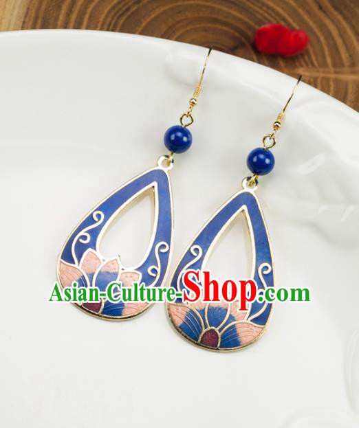 Chinese Traditional Jade Jewelry Accessories Ancient Hanfu Cloisonne Blue Lotus Earrings for Women