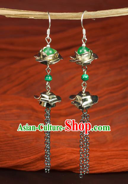 Chinese Traditional Jewelry Accessories Ancient Hanfu Green Bead Earrings for Women