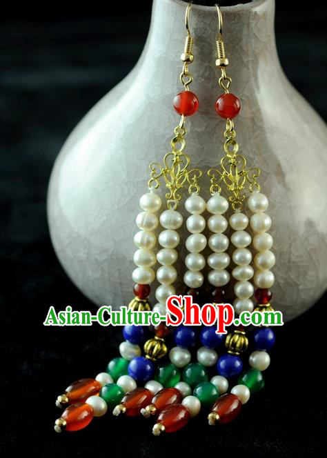 Chinese Traditional Jewelry Accessories Ancient Hanfu Pearls Tassel Earrings for Women