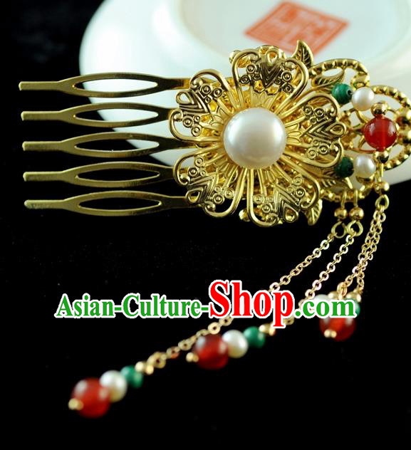 Chinese Traditional Hanfu Pearls Tassel Golden Hair Comb Hair Accessories Ancient Classical Hairpins for Women