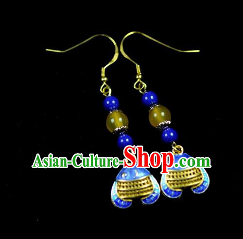 Chinese Traditional Jewelry Accessories Ancient Hanfu Blueing Fish Earrings for Women