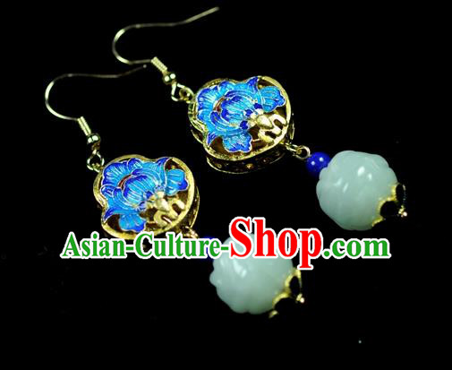 Chinese Traditional Jewelry Accessories Ancient Hanfu Blueing Lotus Jade Earrings for Women