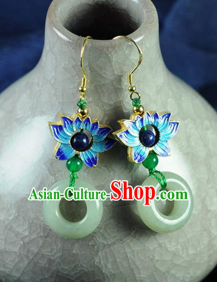 Chinese Traditional Jewelry Accessories Ancient Hanfu Jade Blueing Lotus Earrings for Women