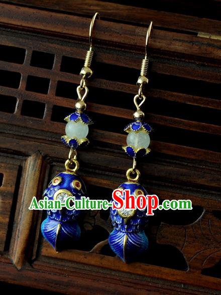 Chinese Traditional Jewelry Accessories Ancient Hanfu Blueing Carp Earrings for Women