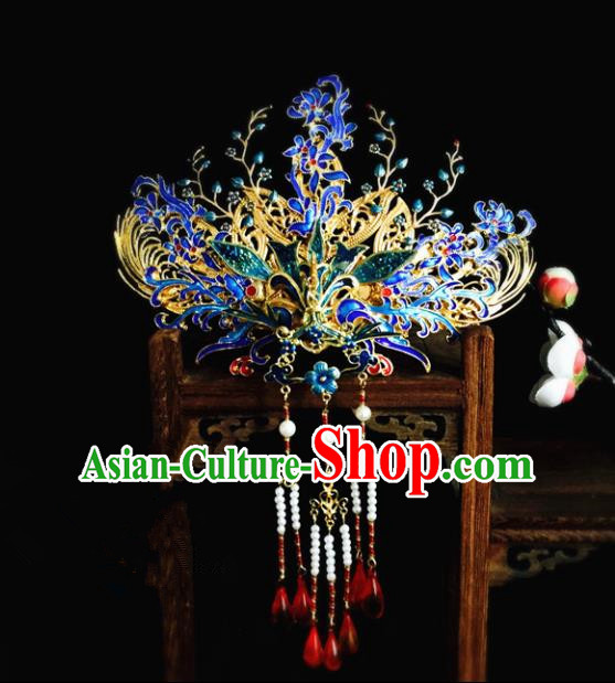 Chinese Classical Hairpins Wedding Hair Accessories Traditional Ancient Hanfu Blueing Phoenix Coronet for Women