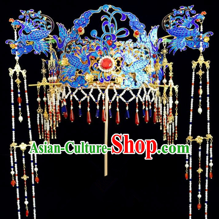 Chinese Classical Hairpins Wedding Hair Accessories Traditional Ancient Queen Blueing Phoenix Coronet for Women
