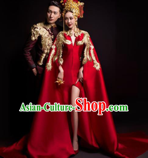 Chinese Classical Catwalks Costumes Traditional Wedding Red Trailing Full Dress for Women