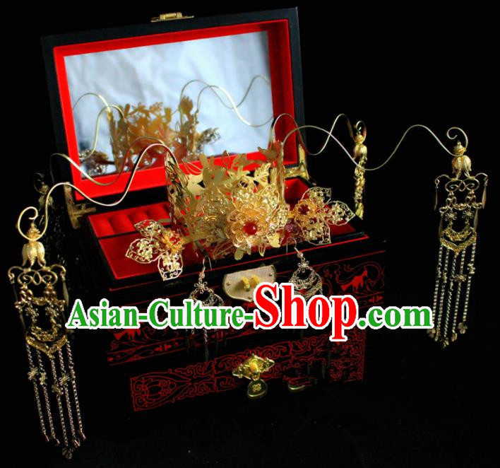 Chinese Classical Golden Hairpins Wedding Phoenix Coronet Hair Accessories Traditional Ancient Hair Clip for Women