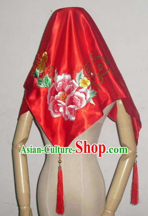 Chinese Traditional Wedding Headdress Ancient Bride Embroidered Peony Red Curtain for Women