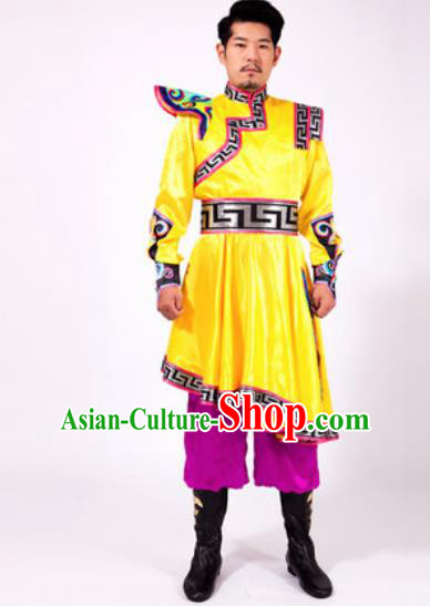 Chinese Traditional Folk Dance Yellow Costumes Mongolian Minority Dance Clothing for Men