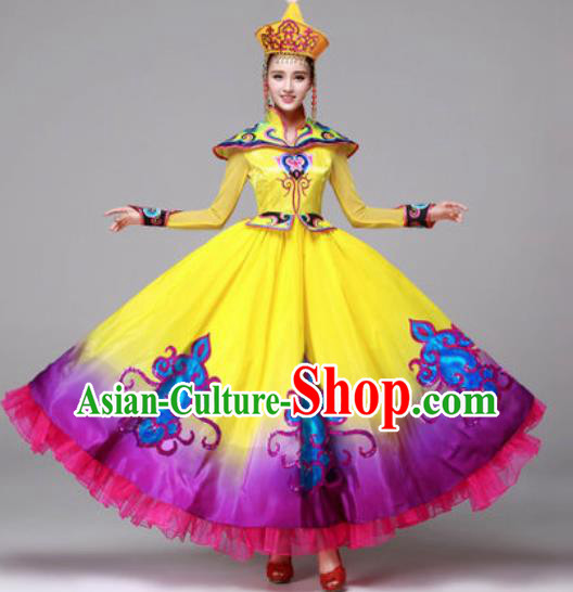 Chinese Traditional Ethnic Costumes Mongolian Minority Folk Dance Yellow Dress for Women