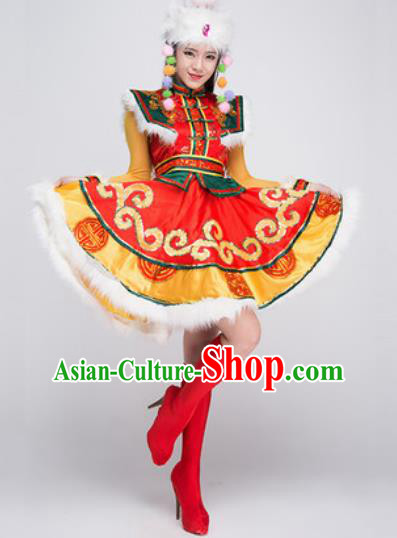 Chinese Traditional Mongol Ethnic Costumes Mongolian Minority Folk Dance Red Dress for Women