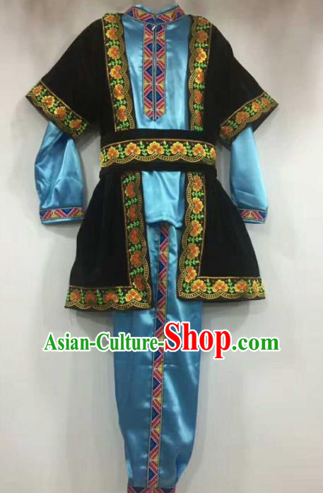 Chinese Traditional Folk Dance Blue Costumes Uigurian Minority Dance Clothing for Men