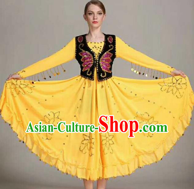 Chinese Traditional Uigurian Ethnic Costumes Uyghur Minority Folk Dance Yellow Dress for Women