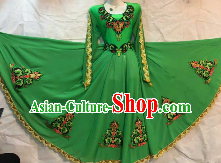 Chinese Traditional Xinjiang Uigurian Ethnic Green Costumes Uyghur Minority Folk Dance Dress for Women