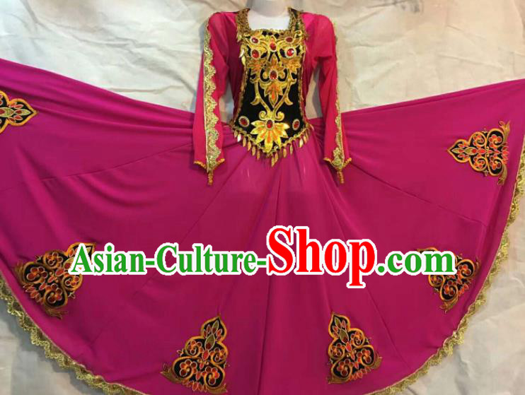 Chinese Traditional Uigurian Nationality Ethnic Costumes Xinjiang Uyghur Minority Folk Dance Rosy Dress for Women