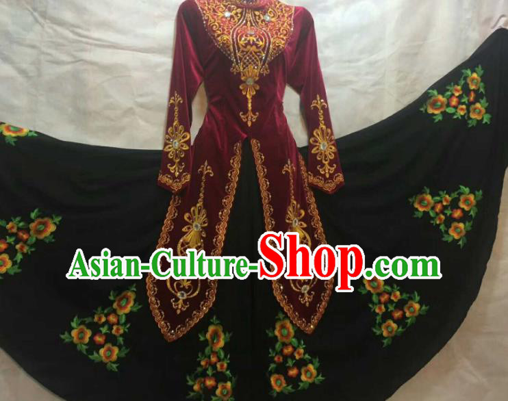 Chinese Traditional Uigurian Nationality Ethnic Costumes Xinjiang Uyghur Minority Folk Dance Wine Red Dress for Women