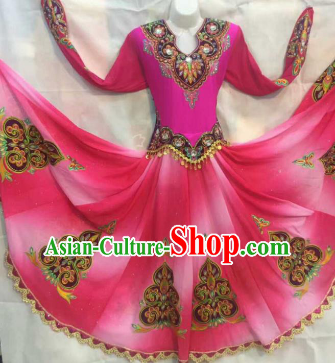 Chinese Traditional Uigurian Nationality Ethnic Costumes Xinjiang Uyghur Folk Dance Rosy Dress for Women