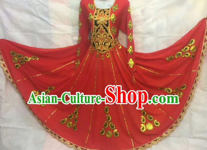 Chinese Traditional Uigurian Nationality Ethnic Costumes Xinjiang Uyghur Folk Dance Red Dress for Women