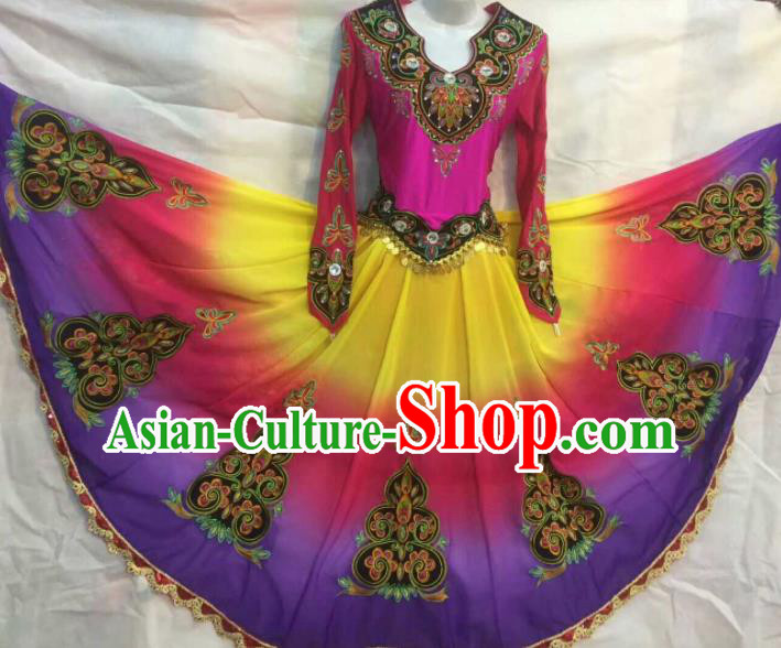 Chinese Traditional Uigurian Nationality Ethnic Costumes Xinjiang Uyghur Folk Dance Purple Dress for Women
