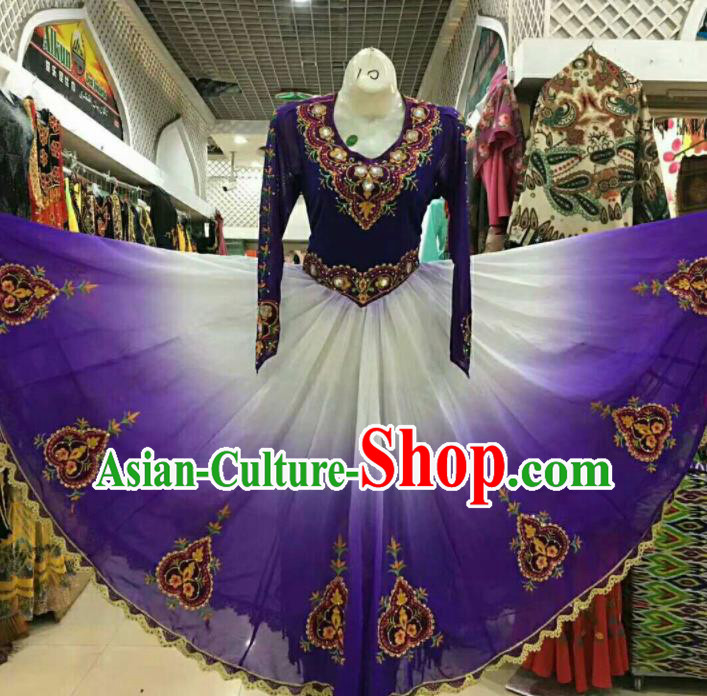 Chinese Traditional Uigurian Nationality Purple Ethnic Costumes Xinjiang Uyghur Folk Dance Dress for Women