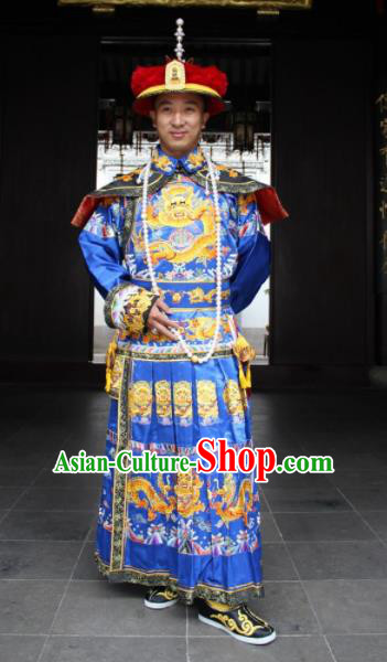 Chinese Traditional Ancient Qing Dynasty Manchu Emperor Embroidered Costumes and Hat for Men
