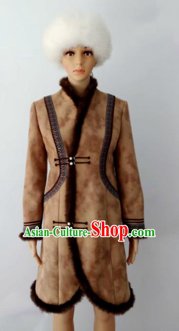 Chinese Traditional Ethnic Costumes Mongolian Minority Nationality Brown Robe for Women