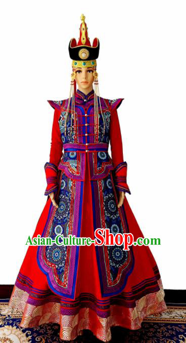 Chinese Traditional Ethnic Costumes Mongolian Minority Nationality Red Dress for Women