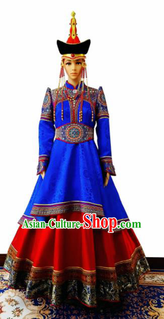 Chinese Traditional Ethnic Costumes Mongolian Minority Nationality Blue Dress for Women