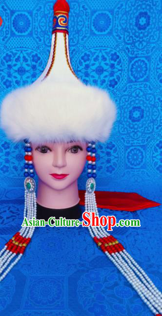 Chinese Traditional Ethnic Hat Mongolian Minority Nationality Princess White Hat for Women