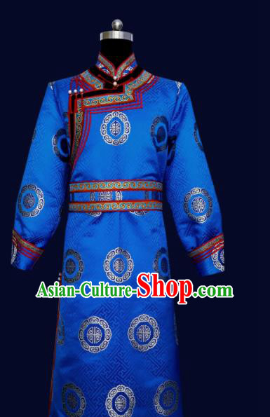 Chinese Traditional Mongol Minority Nationality Costume Blue Mongolian Robe for Men