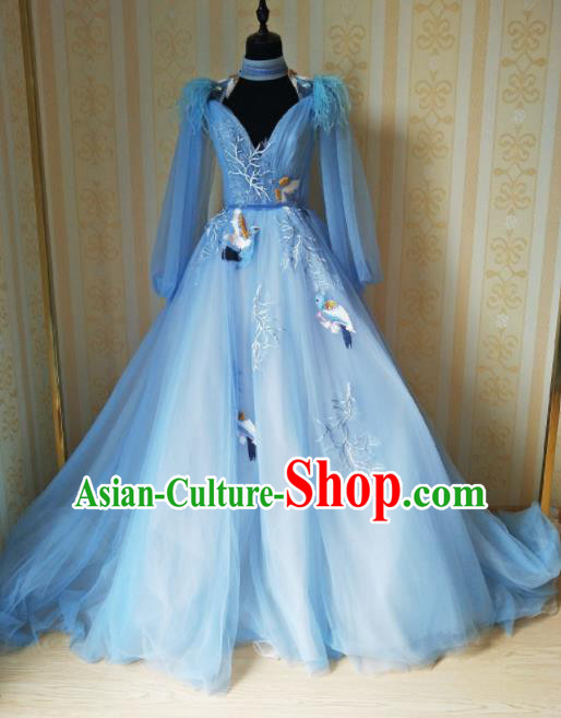 Top Grade Modern Dance Embroidered Blue Full Dress Stage Performance Costume for Women