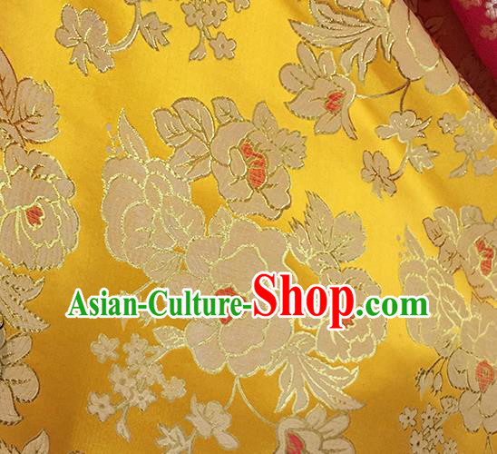 Chinese Traditional Yellow Brocade Classical Peony Pattern Design Silk Fabric Material Satin Drapery