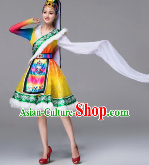 Chinese Traditional Ethnic Costumes Tibetan Minority Nationality Yellow Dress for Women