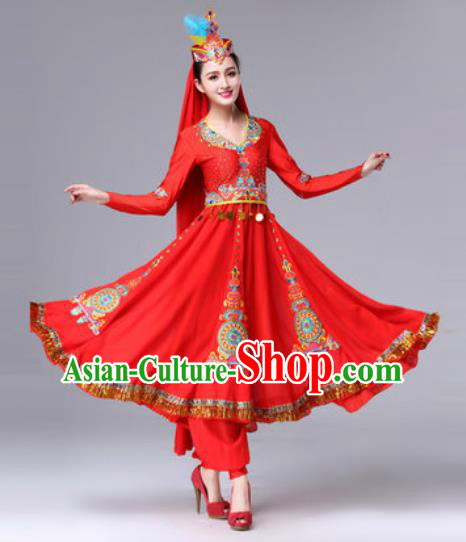 Chinese Traditional Ethnic Costumes Uyghur Minority Nationality Red Dress for Women