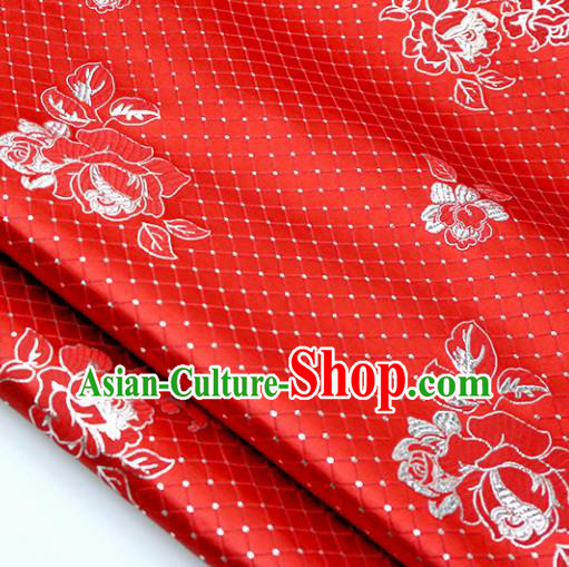 Chinese Traditional Red Brocade Classical Roses Pattern Design Silk Fabric Material Satin Drapery