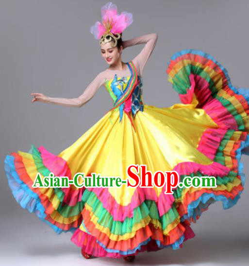 Traditional Chinese Classical Dance Yellow Dress Stage Performance Folk Dance Costume for Women