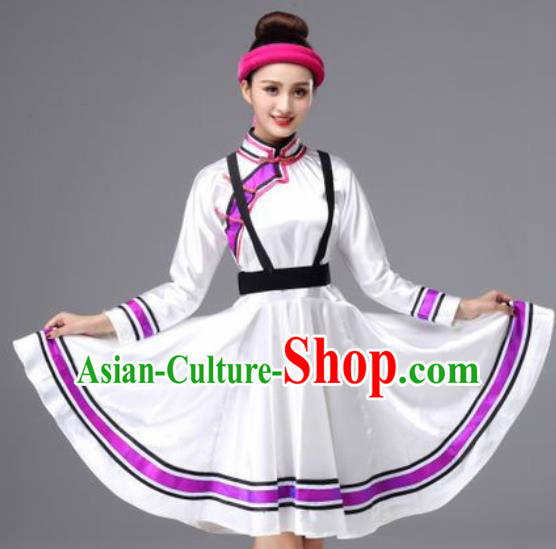 Chinese Traditional Ethnic Costumes Mongolian Minority Nationality Folk Dance White Dress for Women