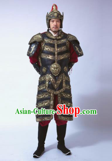 Traditional Chinese Ancient Qin Dynasty General Costumes Helmet and Body Armour for Men