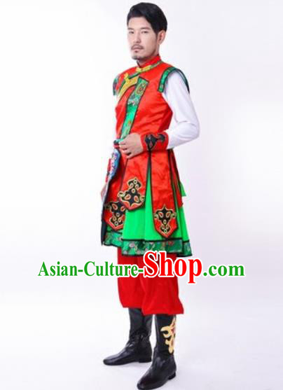 Chinese Traditional Folk Dance Red Costumes Mongolian Minority Dance Clothing for Men