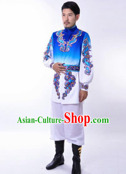 Chinese Traditional Folk Dance Costumes Uyghur Minority Dance Royalblue Clothing for Men