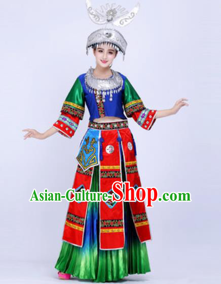 Chinese Traditional Miao Ethnic Costumes Hmong Minority Nationality Folk Dance Green Dress for Women